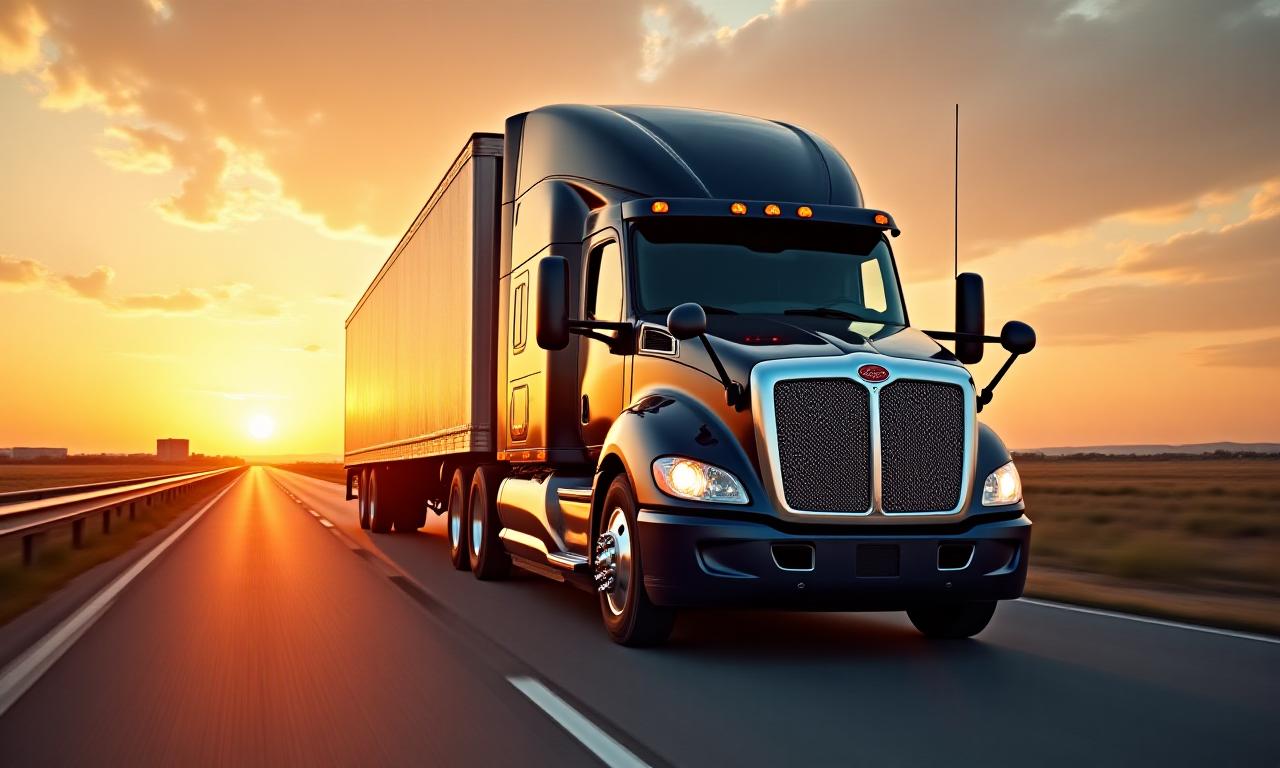 Modern heavy-duty truck on an open highway at sunset